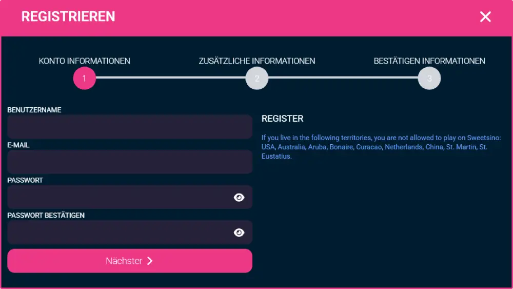 Registrierung bei Sweetsino Casino